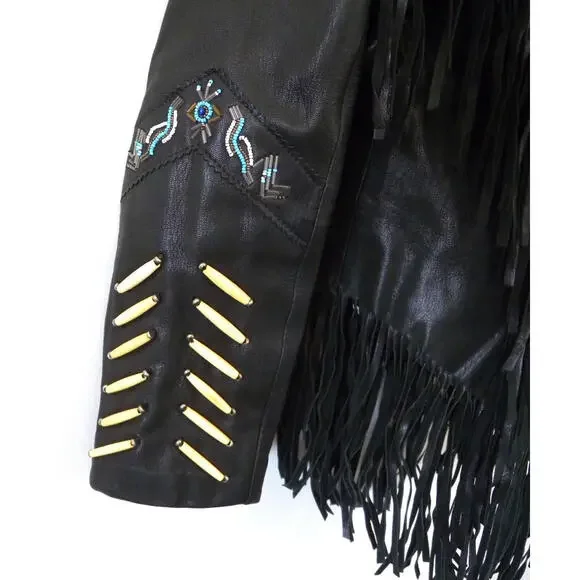 A. M. Bernardo Women's Black Leather Beaded Fringe Hippie Motorcycle Jacket XS - Picture 4 of 9